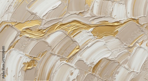 Abstract painting with beige and white brushstrokes and a golden accent running through it