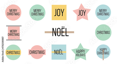 Collection of festive christmas stickers featuring holiday greetings and seasonal wishes in various shapes and colors