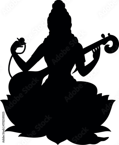 Black silhouette of Saraswati playing veena on lotus