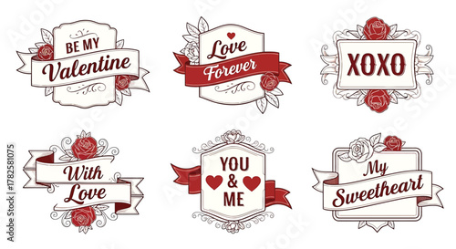 Collection of vintage valentines day labels with roses and ribbons