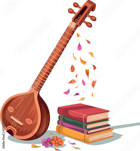 Sitar and stack of books with falling petals Indian musical instrument