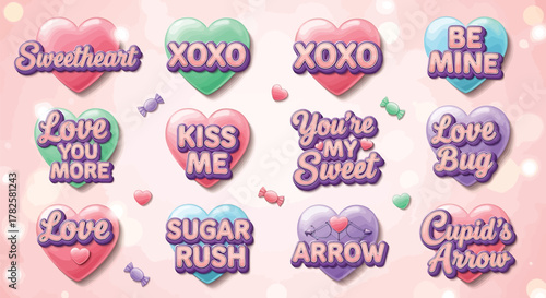 Sweet valentines day candy heart sticker set with cute love messages