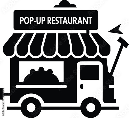 Black and white illustration of a pop up restaurant food truck