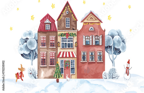 Festive Winter Village Scene with Decorated Houses and Christmas Characters