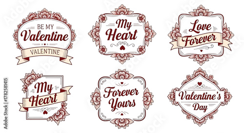 Set of vintage valentines day labels with floral decoration love forever message