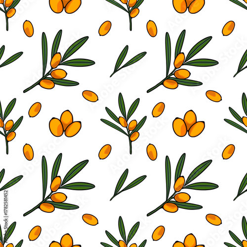 Seamless vector pattern of vibrant orange sea buckthorn berries with green leaves on a white background, evoking a fresh and natural aesthetic.