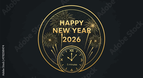Celebrate new year 2026 with golden fireworks and clock isolated on, perfect for adding a festive touch