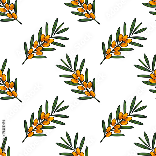Seamless vector pattern of vibrant sea buckthorn branches with bright orange berries and dark green leaves on a clean white background.