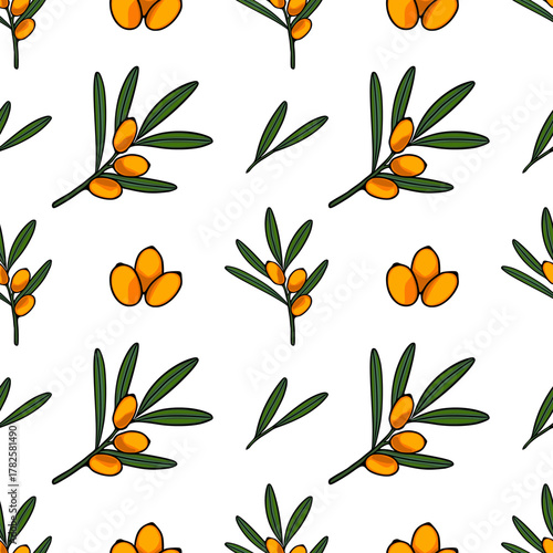 Seamless vector pattern of vibrant orange sea buckthorn berries on green branches, with a clean white background, evoking a fresh and natural aesthetic for design projects.
