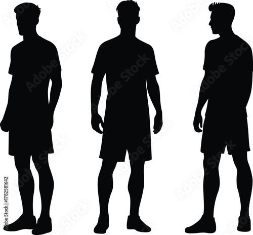 Three silhouettes of a man standing in athletic attire facing different directions