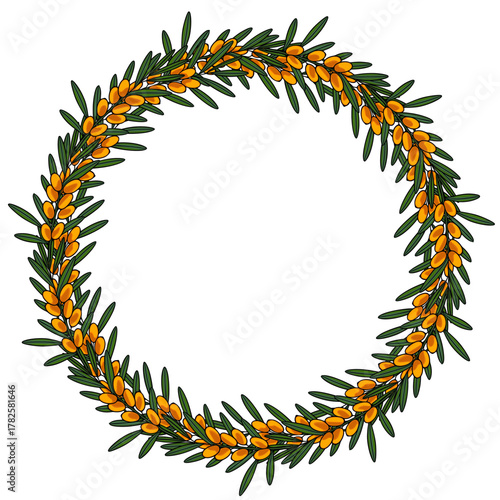 A circular vector arrangement of sea buckthorn branches adorned with vibrant orange berries and deep green leaves, creating a natural festive wreath.