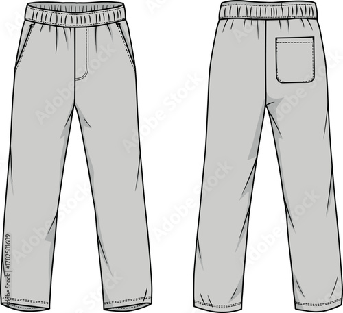 Light gray pants front and back view, straight leg relaxed fit, elastic waistband, side pockets, patch pocket fashion garment illustration