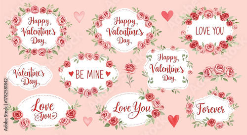 Collection of valentines day labels with rose flower isolated on pink background for love and romantic design