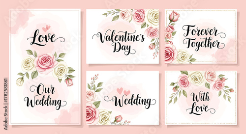 Elegant set of wedding and valentines day cards with floral decoration, perfect for invitations