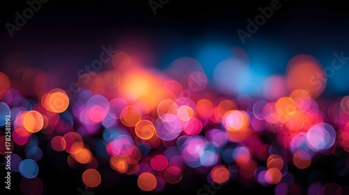 Colorful city lights create a vibrant abstract background with dramatic shallow depth of field