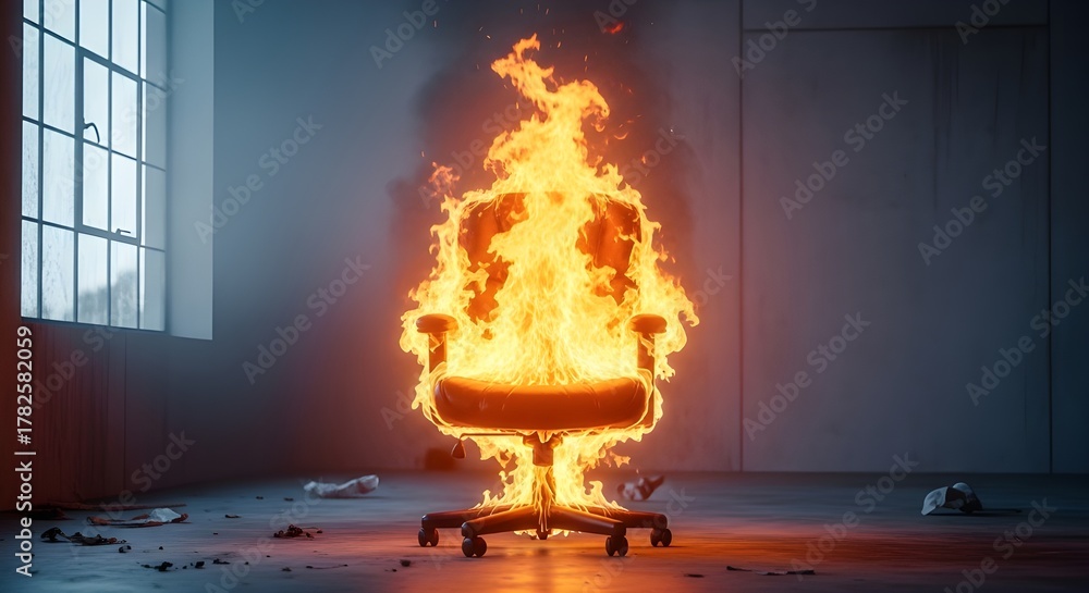 Fototapeta premium Office chair engulfed in flames, symbolizing burnout and workplace stress