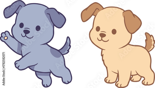 Cute cartoon puppies illustration, playful blue and brown dogs, adorable pet characters, vector design for kids, animal art, friendly style
