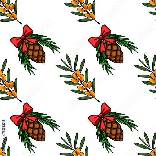 Seamless vector pattern featuring pine cones adorned with red bows and sea buckthorn branches with golden berries.
