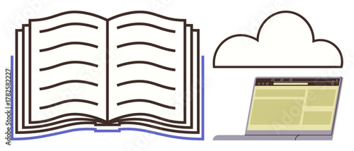 Open book, cloud icon, and laptop screen symbolizing online education, digital library, reading, and data sharing. Ideal for education, technology, innovation e-learning knowledge cloud computing