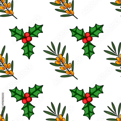 Seamless vector pattern featuring hand-drawn holly branches with red berries and sea buckthorn sprigs with orange berries on a white background.