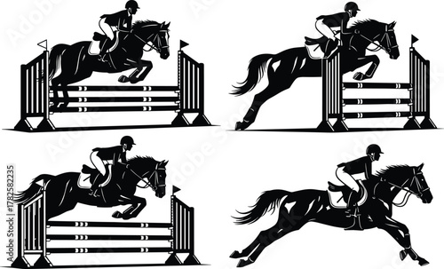 Horse jumping silhouette, equestrian rider and horse in competition, show jumping sport design, professional horseback riding art, cad drawing flat vector illustration, black clipart