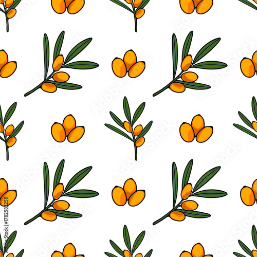 Seamless vector pattern of vibrant sea buckthorn branches with bright orange berries and green leaves, set against a clean white background, perfect for natural product branding and packaging.