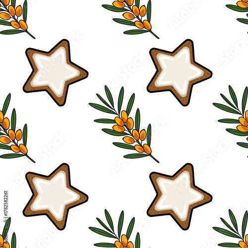 Seamless vector pattern featuring star-shaped gingerbread cookies with white icing and sea buckthorn branches with bright orange berries.