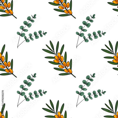 Seamless vector pattern featuring delicate branches of sea buckthorn with vibrant orange berries and eucalyptus leaves on a clean white background.