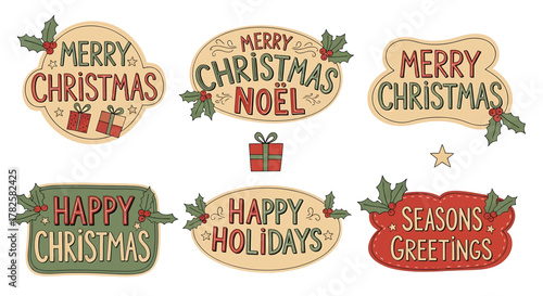 Collection of merry christmas and happy holidays labels for greeting cards and holiday design