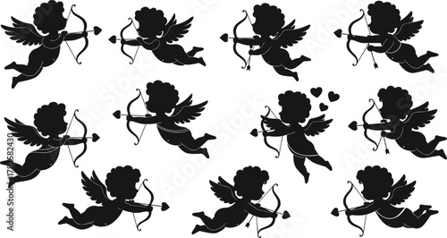 Cupid silhouette collection, flying cherubs with bow and arrow, romantic love symbol, Valentine angel illustration, cad drawing flat vector illustration, black design clipart