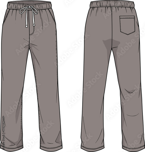 Gray drawstring pants front and back view, casual loungewear trousers, elastic waistband, side pockets, patch pocket, relaxed fit fashion apparel