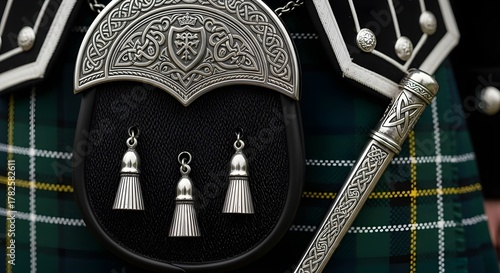 Closeup of a traditional scottish kilt with sporran and sgiandubh details