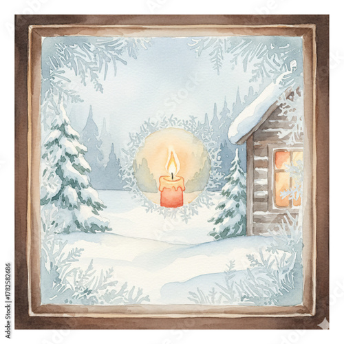 Cozy winter cabin scene with warm light glowing from window and snow covered trees