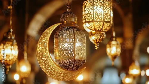 A gold colored lantern with a crescent moon on it hangs from the ceiling. There are several other lanterns hanging from the ceiling as well