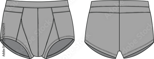 Men’s athletic briefs front and back view, curved side panels, center seams, contoured fit, technical fashion garment underwear drawing illustration