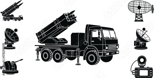 missile launcher, military truck, radar dish, defense system, vector illustration, artillery icon, satellite antenna, weapon system, communication device, flat vector, military equipment,
