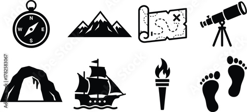Adventure Icon Set – Black-and-White Silhouettes of Compass, Map, Telescope, Ship, Torch, and More for Exploration, Travel, and Storytelling Design Projects