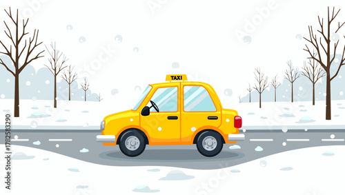 Cartoon yellow taxi on snowy road with bare trees winter driving concept of playful urban transport illustration