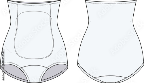 Body shaper flat sketch, shapewear technical drawing, front and back view, high waist design, compression panel, seamless back, garment illustration template