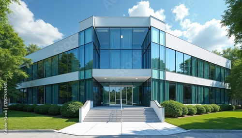 Fototapeta Naklejka Na Ścianę i Meble -  Modern office building with large blue glass windows, white facade surrounded by green trees, manicured lawns. Spacious entrance with wide concrete steps, handrails leading to glass doors. Exterior