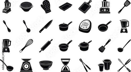 vector set of kitchen utensils including blender, Colander, Oven Mitt, food tray, Cutting Board, food processor, Spatula, Spoons, chef knife, cooking pot with a lid and handle, cooking pot