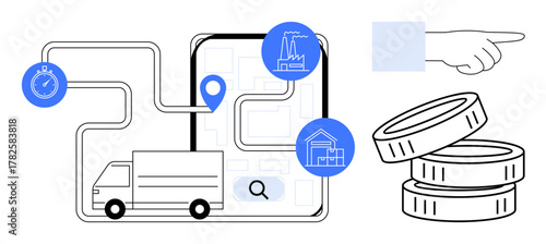 Delivery truck on route map with industry and warehouse icons, stopwatch, coins, search symbol, and pointing hand. Ideal for logistics, supply chain, cost analysis, delivery planning transportation