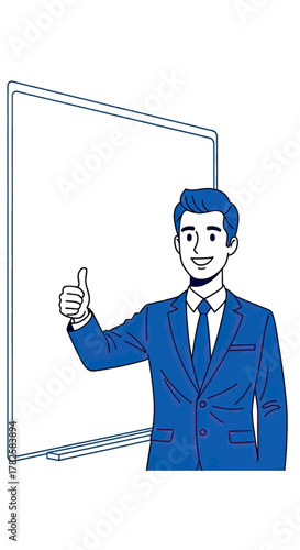 Confident businessman gives thumbs up approval next to blank whiteboard, ready for presentation ideas and strategy planning
