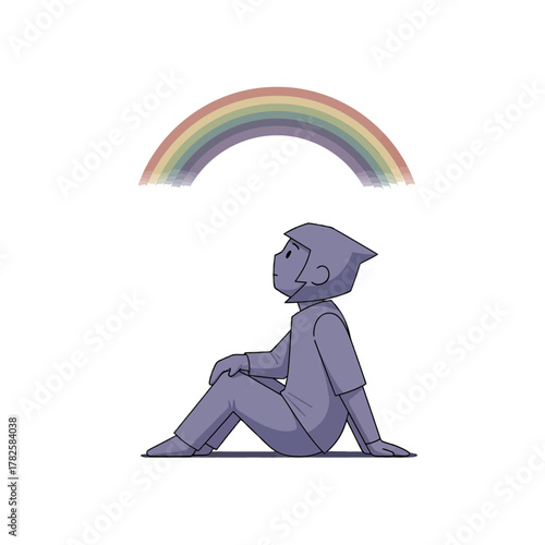 Hopeful individual contemplates a gentle rainbow, symbolizing dreams and aspirations in a moment of quiet reflection and optimism