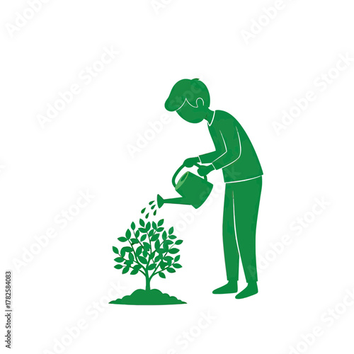 Young person nurtures a growing plant with a watering can, symbolizing growth, care, and environmental responsibility