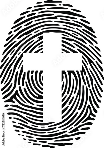 White christian cross symbol centered within a black fingerprint pattern