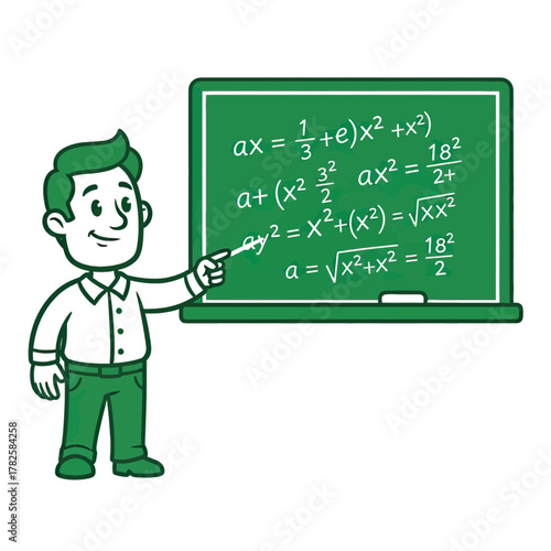 Enthusiastic teacher confidently explains complex math equations on a green chalkboard, inspiring learning and academic success.