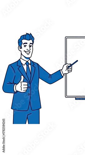 Confident businessman enthusiastically presents ideas with a thumbs up gesture beside a presentation board for impactful business meetings and corporate strategy sessions