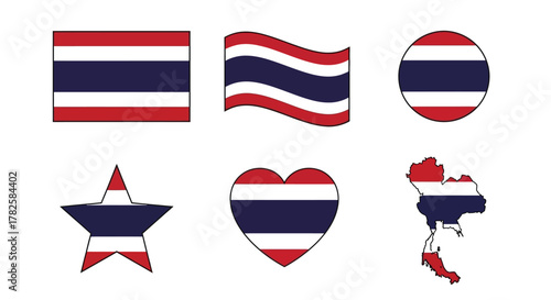 Thailand flag in various styles national symbol represented as rectangle, wave, circle, star, heart and map shapes
