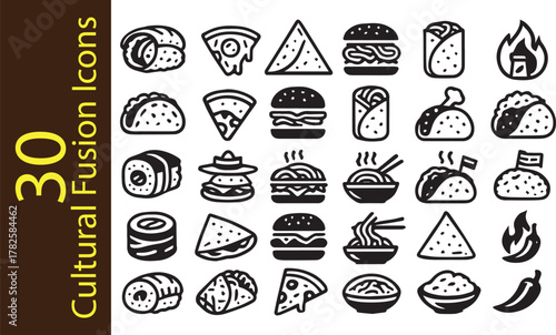 30 Cultural Fusion Food Solid Icons Set